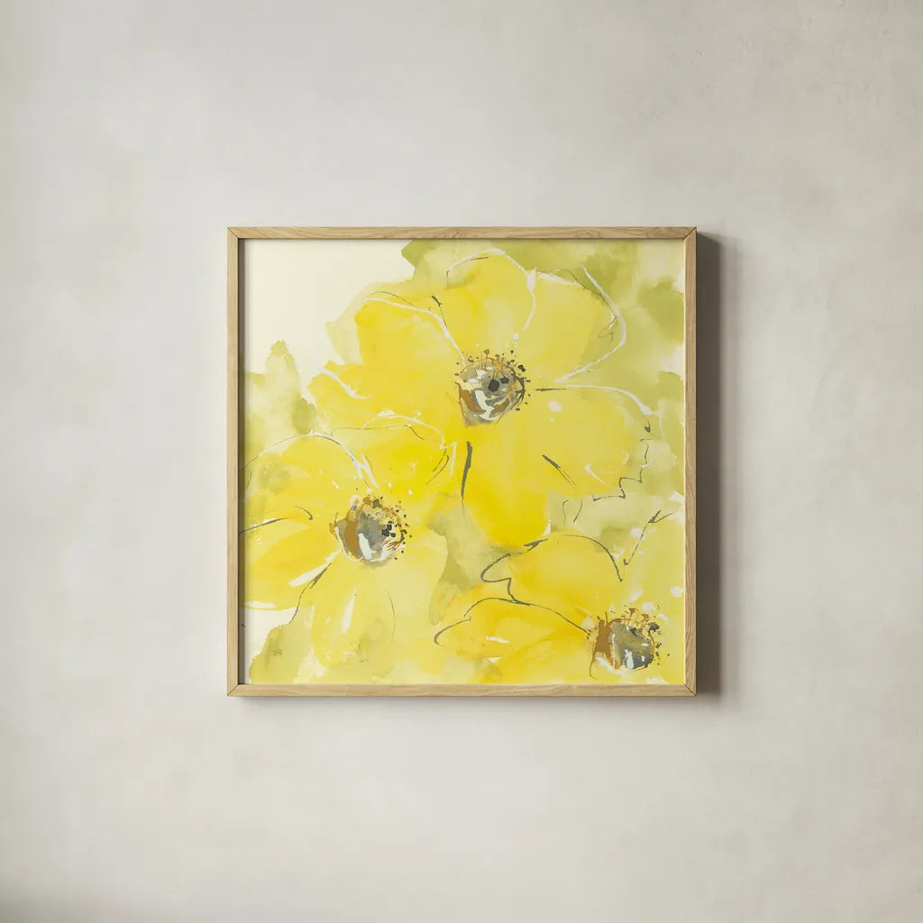 Sunshine Cosmos I by Chris Paschke. Shown in a natural wood glass frame for a timeless modern aesthetic. Available as an archival giclee rolled canvas, fine art paper, or poster print. SKU 48034a.