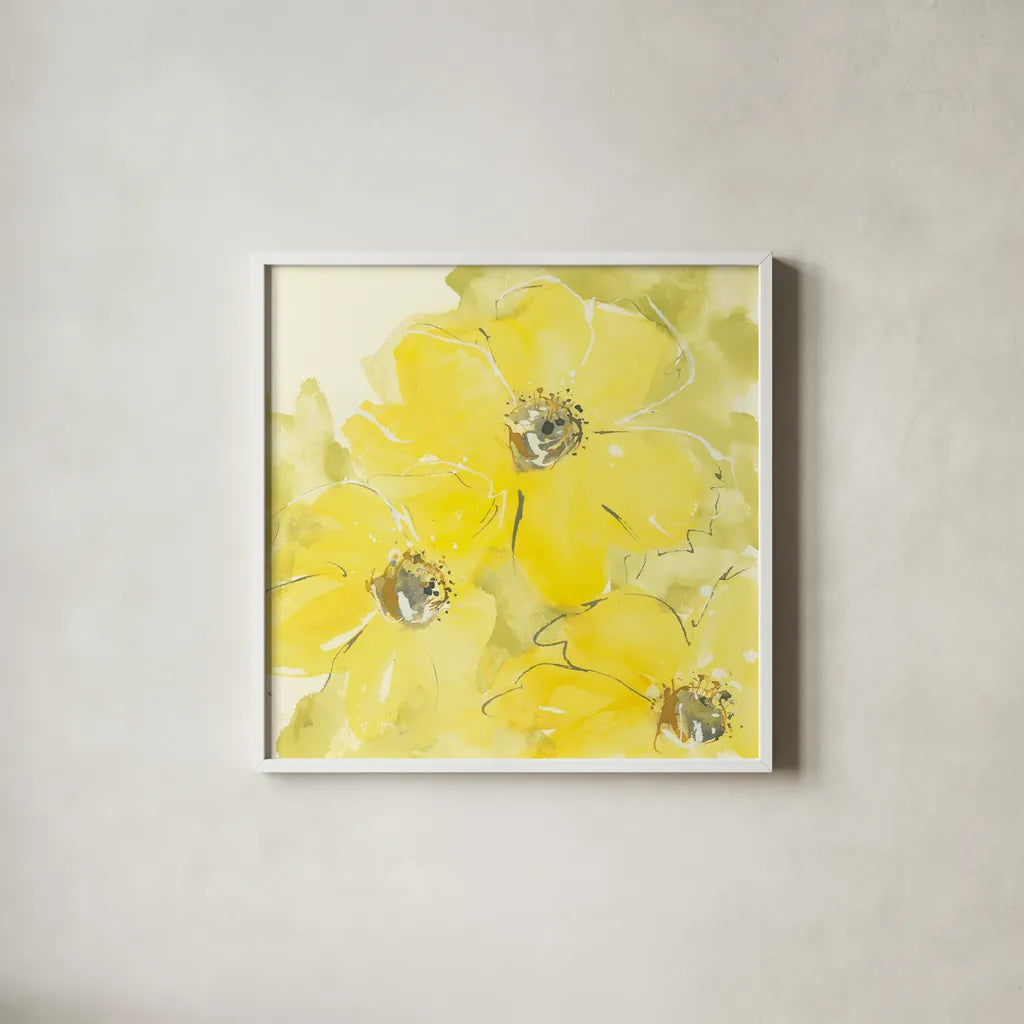 Sunshine Cosmos I by Chris Paschke. Shown in a crisp white glass frame for a clean and minimalist style. Available as an archival giclee rolled canvas, fine art paper, or poster print. SKU 48034a.