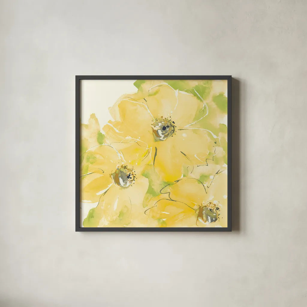 Sunshine Cosmos I v2 by Chris Paschke. Shown in a sleek black glass frame for a contemporary gallery look. Available as an archival giclee rolled canvas, fine art paper, or poster print. SKU 54245a.