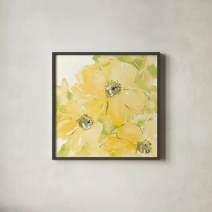 Sunshine Cosmos I v2 by Chris Paschke. Shown in a sleek black glass frame for a contemporary gallery look. Available as an archival giclee rolled canvas, fine art paper, or poster print. SKU 54245a.