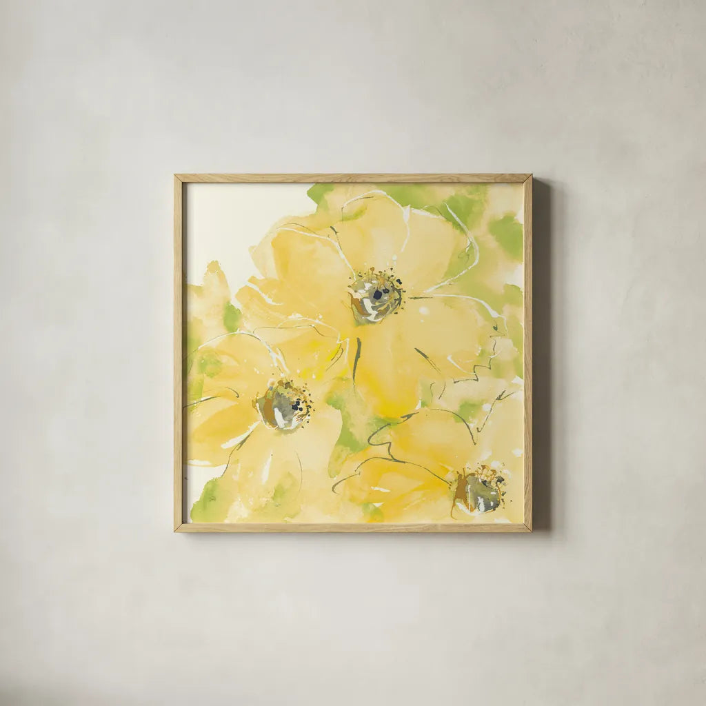Sunshine Cosmos I v2 by Chris Paschke. Shown in a natural wood glass frame for a timeless modern aesthetic. Available as an archival giclee rolled canvas, fine art paper, or poster print. SKU 54245a.