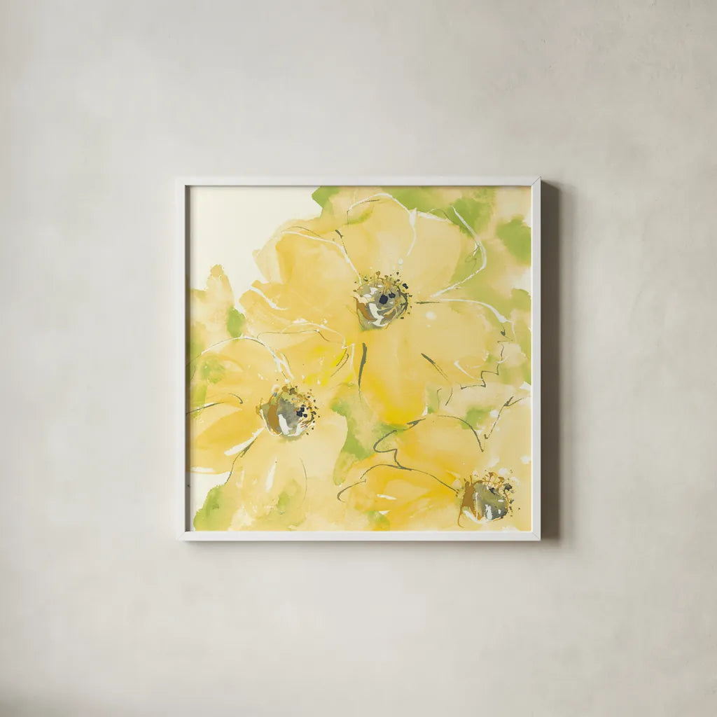 Sunshine Cosmos I v2 by Chris Paschke. Shown in a crisp white glass frame for a clean and minimalist style. Available as an archival giclee rolled canvas, fine art paper, or poster print. SKU 54245a.