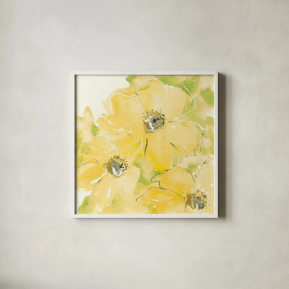 Sunshine Cosmos I v2 by Chris Paschke. Shown in a crisp white glass frame for a clean and minimalist style. Available as an archival giclee rolled canvas, fine art paper, or poster print. SKU 54245a.