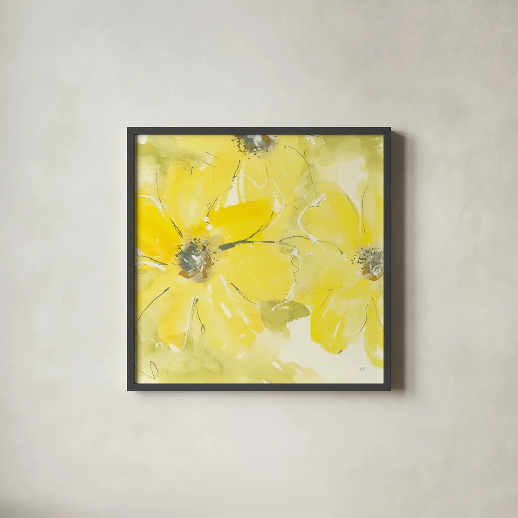 Sunshine Cosmos II by Chris Paschke. Shown in a sleek black glass frame for a contemporary gallery look. Available as an archival giclee rolled canvas, fine art paper, or poster print. SKU 48035a.