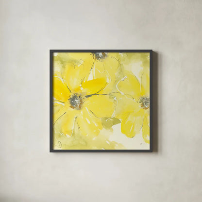 Sunshine Cosmos II by Chris Paschke. Shown in a sleek black glass frame for a contemporary gallery look. Available as an archival giclee rolled canvas, fine art paper, or poster print. SKU 48035a.
