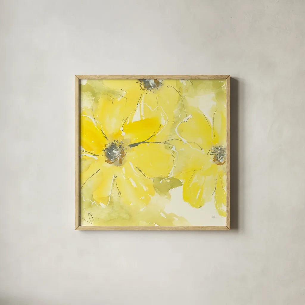Sunshine Cosmos II by Chris Paschke. Shown in a natural wood glass frame for a timeless modern aesthetic. Available as an archival giclee rolled canvas, fine art paper, or poster print. SKU 48035a.