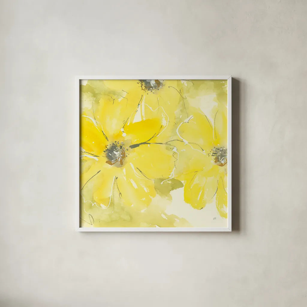 Sunshine Cosmos II by Chris Paschke. Shown in a crisp white glass frame for a clean and minimalist style. Available as an archival giclee rolled canvas, fine art paper, or poster print. SKU 48035a.