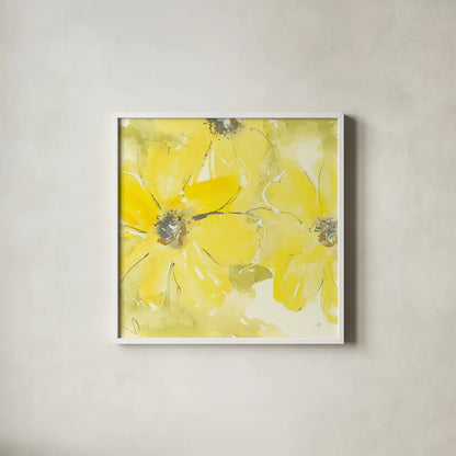 Sunshine Cosmos II by Chris Paschke. Shown in a crisp white glass frame for a clean and minimalist style. Available as an archival giclee rolled canvas, fine art paper, or poster print. SKU 48035a.