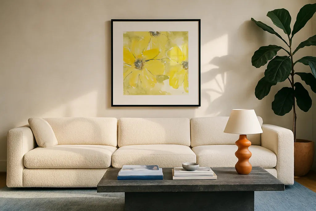 Sunshine Cosmos II by Chris Paschke. Displayed in a glass frame with matte in a clean modern living room. Available as an archival giclee rolled canvas, fine art paper, or poster print. SKU 48035a.