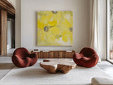Sunshine Cosmos II by Chris Paschke. Shown as extra-large giant wall art in a modern living room. Available as an archival giclee rolled canvas, fine art paper, or poster print. SKU 48035a.