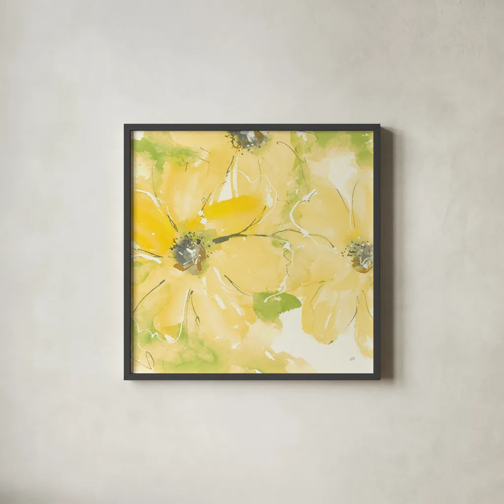 Sunshine Cosmos II v2 by Chris Paschke. Shown in a sleek black glass frame for a contemporary gallery look. Available as an archival giclee rolled canvas, fine art paper, or poster print. SKU 54246a.