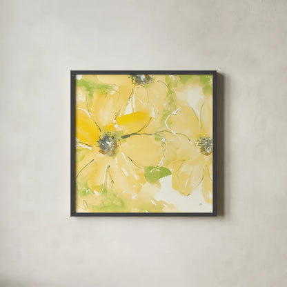 Sunshine Cosmos II v2 by Chris Paschke. Shown in a sleek black glass frame for a contemporary gallery look. Available as an archival giclee rolled canvas, fine art paper, or poster print. SKU 54246a.