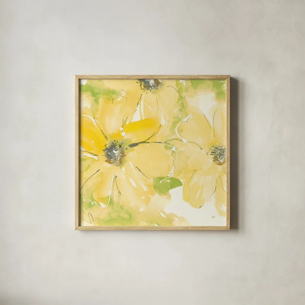 Sunshine Cosmos II v2 by Chris Paschke. Shown in a natural wood glass frame for a timeless modern aesthetic. Available as an archival giclee rolled canvas, fine art paper, or poster print. SKU 54246a.