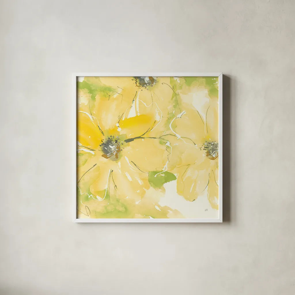 Sunshine Cosmos II v2 by Chris Paschke. Shown in a crisp white glass frame for a clean and minimalist style. Available as an archival giclee rolled canvas, fine art paper, or poster print. SKU 54246a.