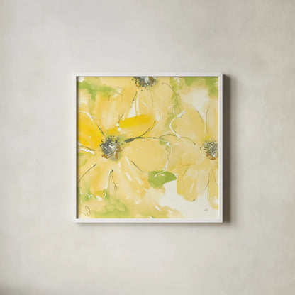 Sunshine Cosmos II v2 by Chris Paschke. Shown in a crisp white glass frame for a clean and minimalist style. Available as an archival giclee rolled canvas, fine art paper, or poster print. SKU 54246a.