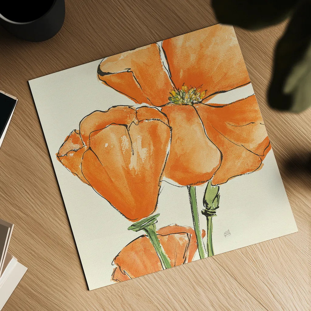 Sunshine Poppy III by Chris Paschke. Shown as a detailed flat fine art print, highlighting archival giclee quality. Available as an archival giclee rolled canvas, fine art paper, or poster print. SKU 10760a.