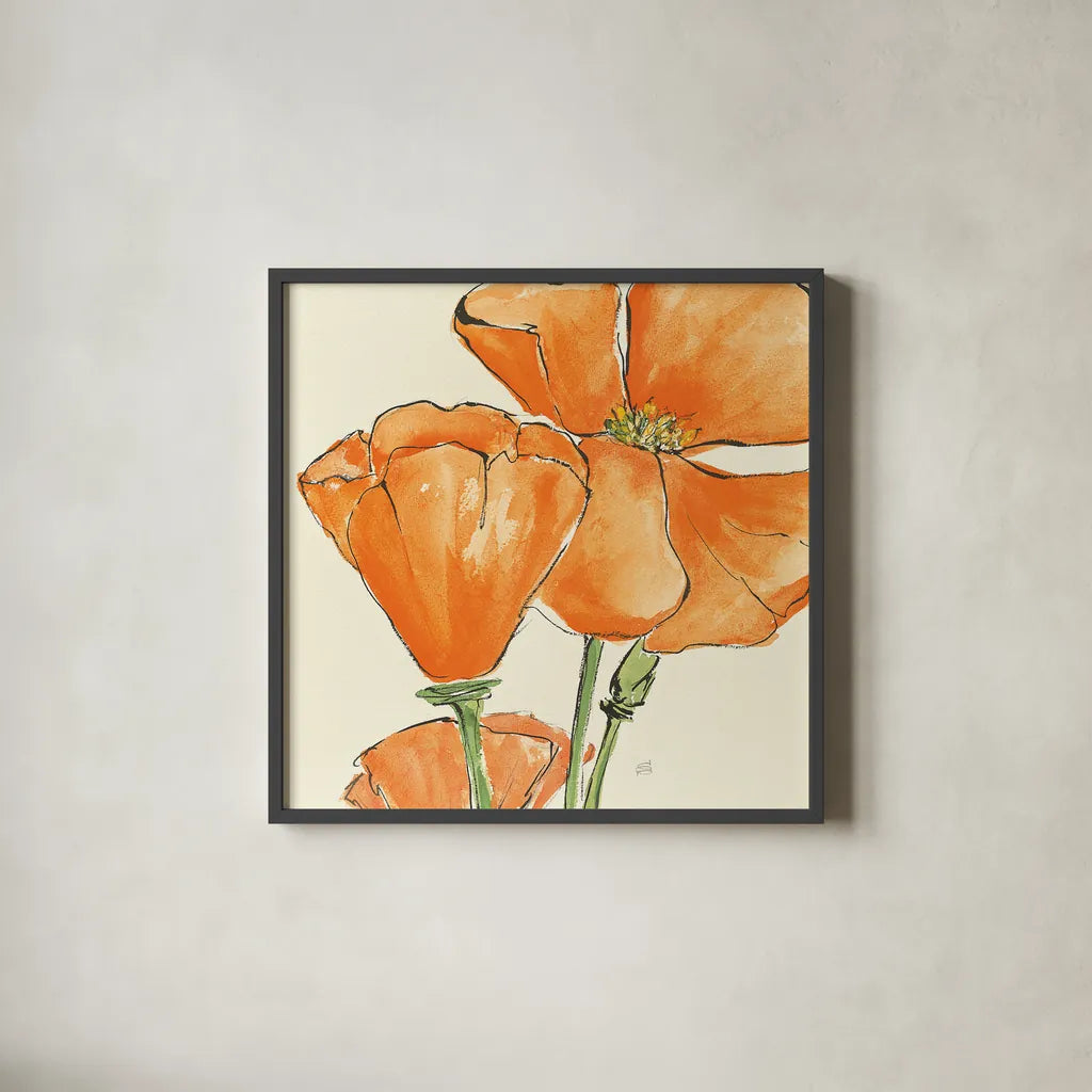 Sunshine Poppy III by Chris Paschke. Shown in a sleek black glass frame for a contemporary gallery look. Available as an archival giclee rolled canvas, fine art paper, or poster print. SKU 10760a.