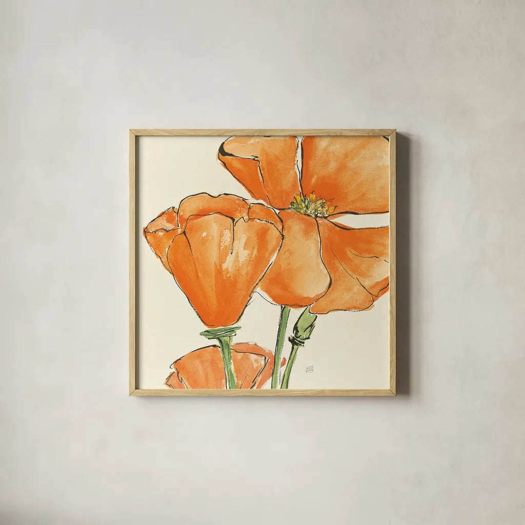 Sunshine Poppy III by Chris Paschke. Shown in a natural wood glass frame for a timeless modern aesthetic. Available as an archival giclee rolled canvas, fine art paper, or poster print. SKU 10760a.