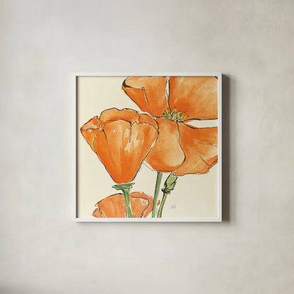 Sunshine Poppy III by Chris Paschke. Shown in a crisp white glass frame for a clean and minimalist style. Available as an archival giclee rolled canvas, fine art paper, or poster print. SKU 10760a.