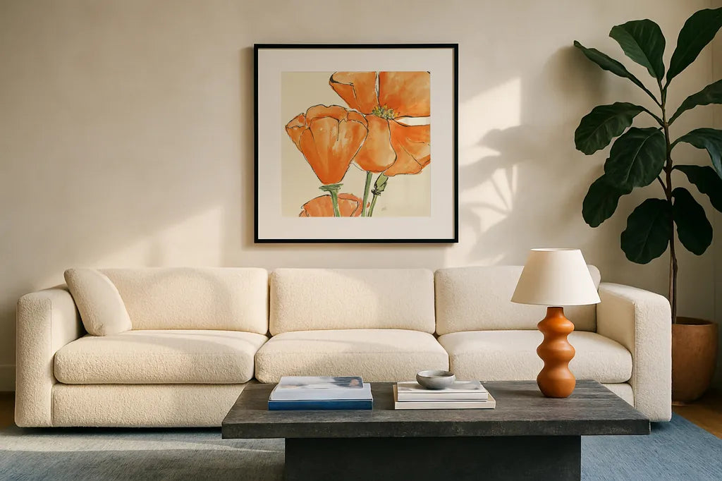 Sunshine Poppy III by Chris Paschke. Displayed in a glass frame with matte in a clean modern living room. Available as an archival giclee rolled canvas, fine art paper, or poster print. SKU 10760a.