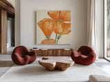 Sunshine Poppy III by Chris Paschke. Shown as extra-large giant wall art in a modern living room. Available as an archival giclee rolled canvas, fine art paper, or poster print. SKU 10760a.