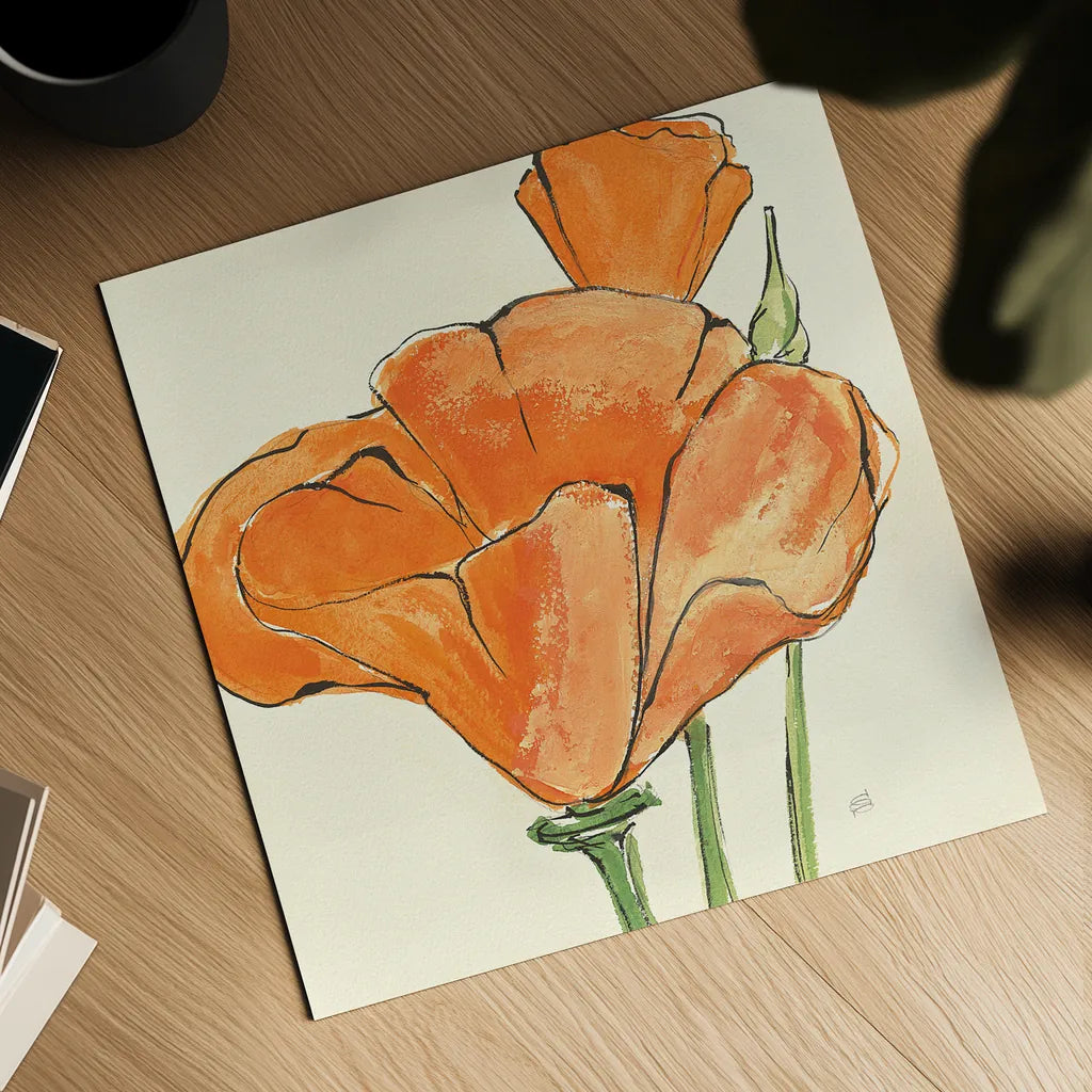 Sunshine Poppy IV by Chris Paschke. Shown as a detailed flat fine art print, highlighting archival giclee quality. Available as an archival giclee rolled canvas, fine art paper, or poster print. SKU 10761a.