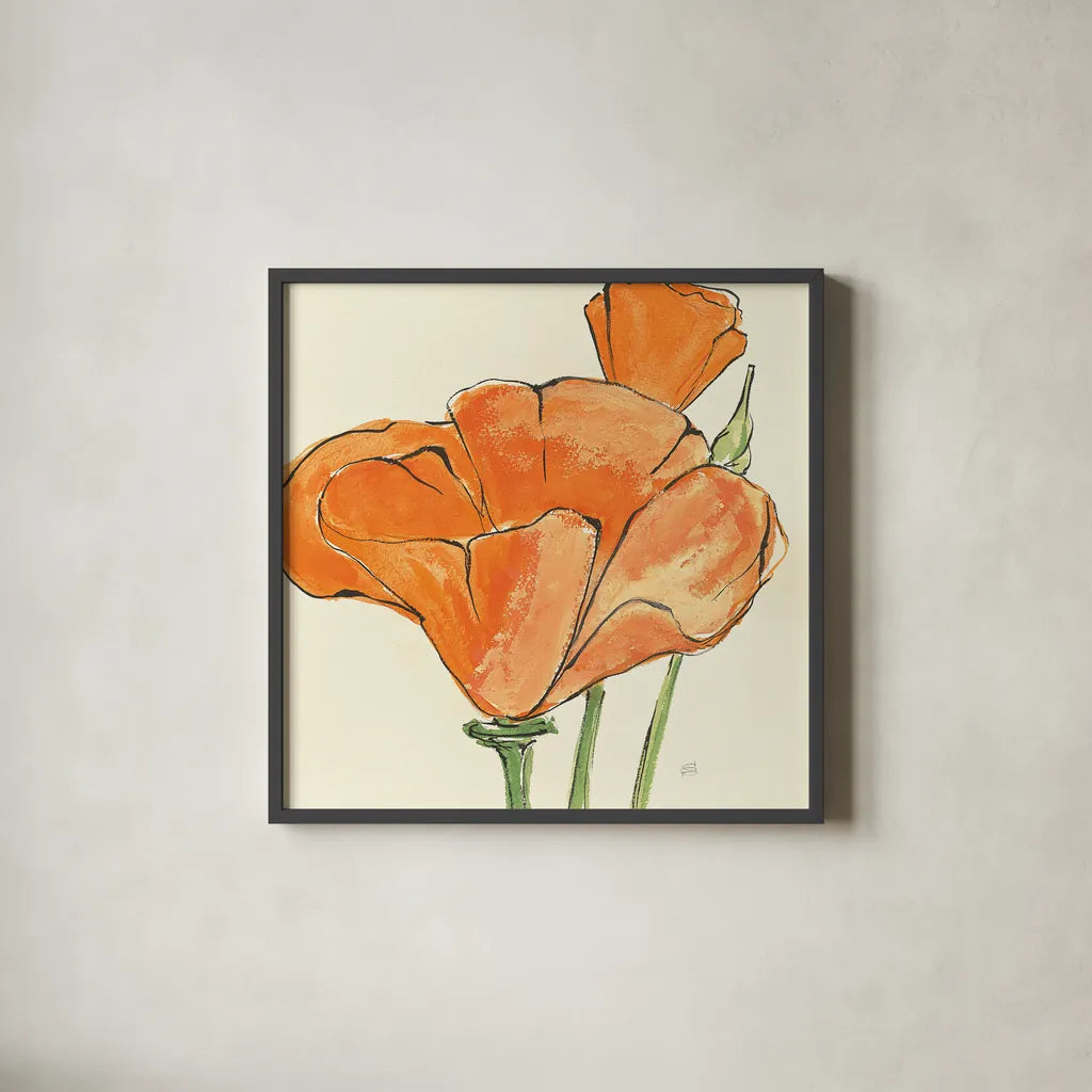 Sunshine Poppy IV by Chris Paschke. Shown in a sleek black glass frame for a contemporary gallery look. Available as an archival giclee rolled canvas, fine art paper, or poster print. SKU 10761a.