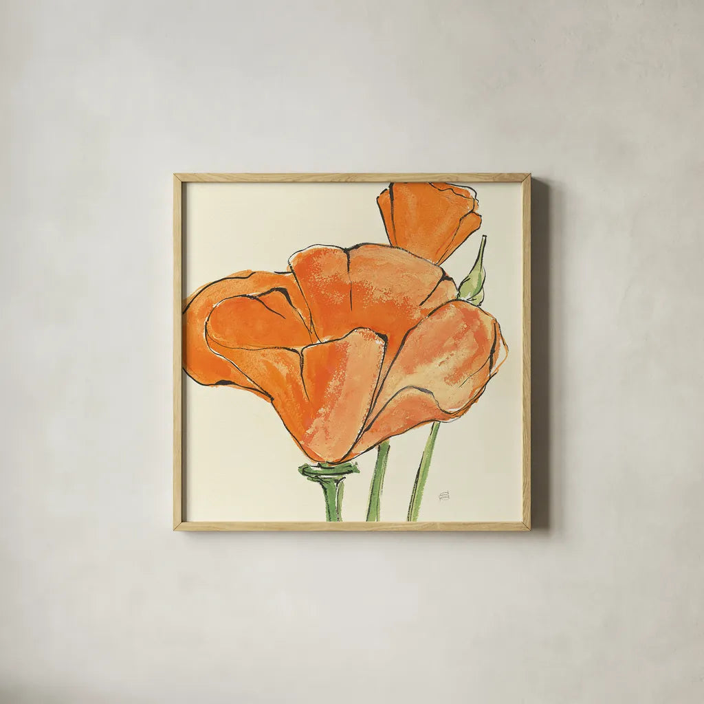 Sunshine Poppy IV by Chris Paschke. Shown in a natural wood glass frame for a timeless modern aesthetic. Available as an archival giclee rolled canvas, fine art paper, or poster print. SKU 10761a.