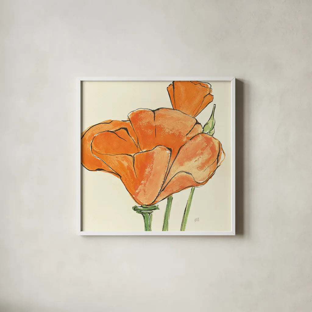 Sunshine Poppy IV by Chris Paschke. Shown in a crisp white glass frame for a clean and minimalist style. Available as an archival giclee rolled canvas, fine art paper, or poster print. SKU 10761a.