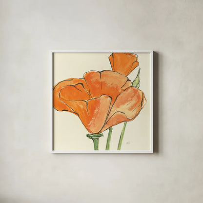 Sunshine Poppy IV by Chris Paschke. Shown in a crisp white glass frame for a clean and minimalist style. Available as an archival giclee rolled canvas, fine art paper, or poster print. SKU 10761a.