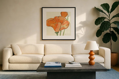 Sunshine Poppy IV by Chris Paschke. Displayed in a glass frame with matte in a clean modern living room. Available as an archival giclee rolled canvas, fine art paper, or poster print. SKU 10761a.