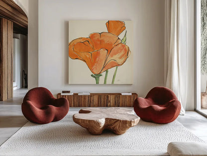 Sunshine Poppy IV by Chris Paschke. Shown as extra-large giant wall art in a modern living room. Available as an archival giclee rolled canvas, fine art paper, or poster print. SKU 10761a.
