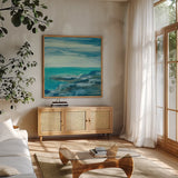 Surf by Chris Paschke. Shown in a natural wood frame in a cozy modern living room. Available as an archival giclee rolled canvas, fine art paper, or poster print. SKU 14961a.