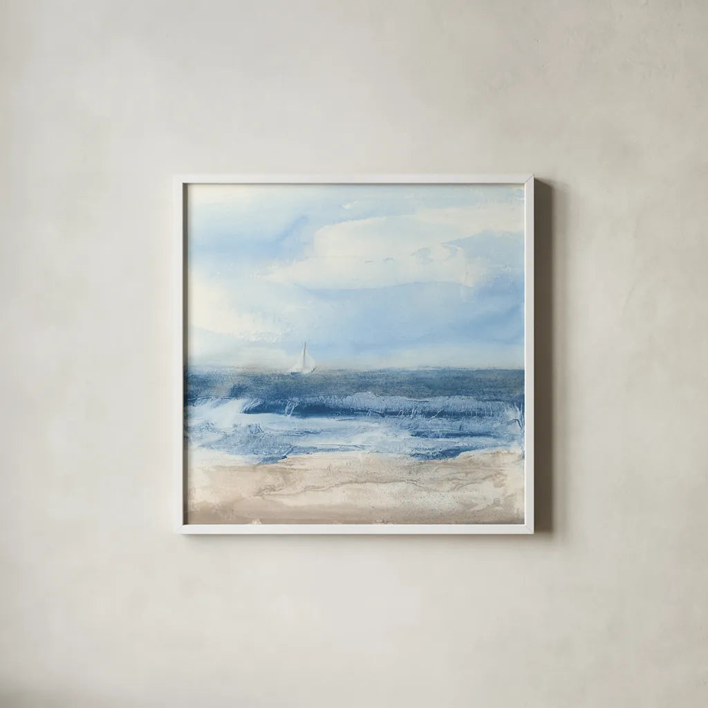 Surf and Sails by Chris Paschke. Shown in a crisp white glass frame for a clean and minimalist style. Available as an archival giclee rolled canvas, fine art paper, or poster print. SKU 46891a.