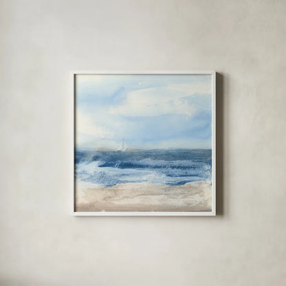 Surf and Sails by Chris Paschke. Shown in a crisp white glass frame for a clean and minimalist style. Available as an archival giclee rolled canvas, fine art paper, or poster print. SKU 46891a.