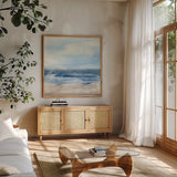 Surf and Sails by Chris Paschke. Shown in a natural wood frame in a cozy modern living room. Available as an archival giclee rolled canvas, fine art paper, or poster print. SKU 46891a.