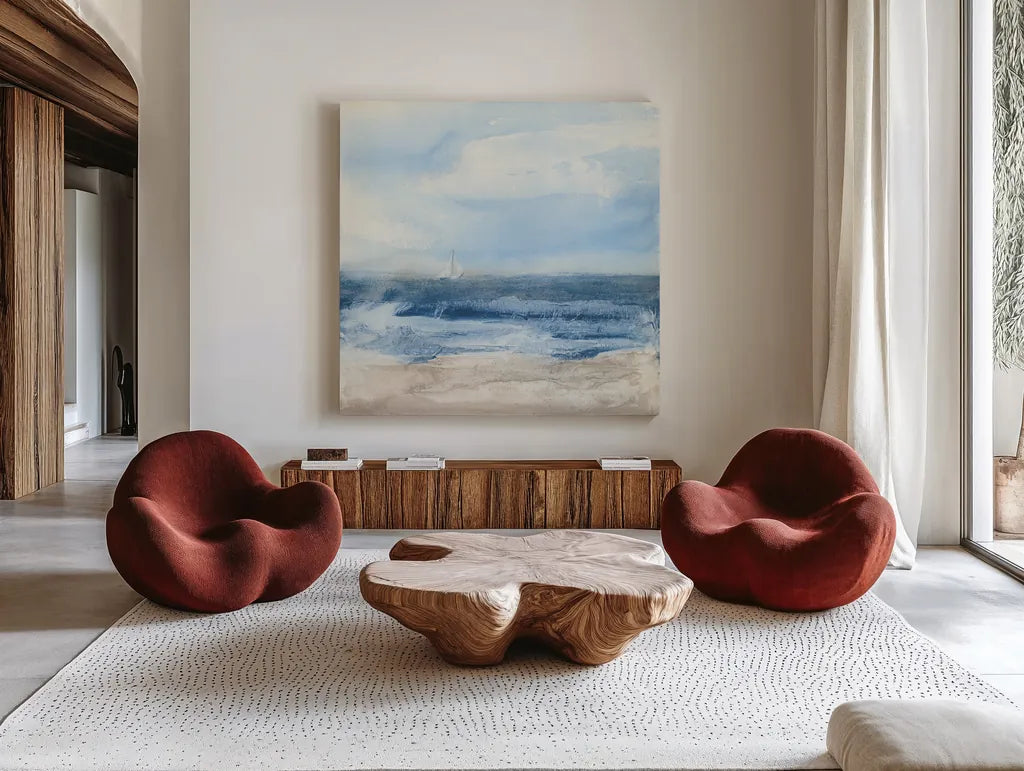 Surf and Sails by Chris Paschke. Shown as extra-large giant wall art in a modern living room. Available as an archival giclee rolled canvas, fine art paper, or poster print. SKU 46891a.