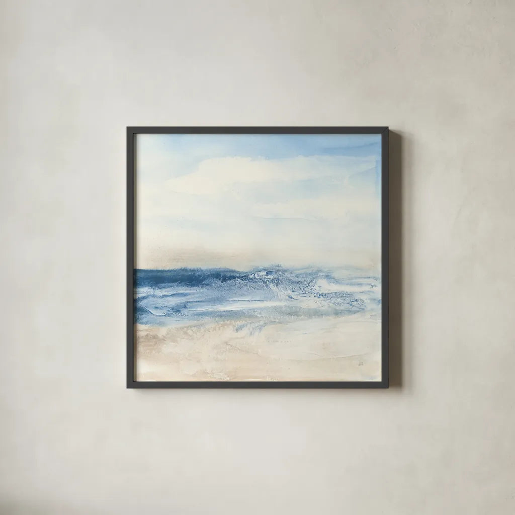 Surf and Sand by Chris Paschke. Shown in a sleek black glass frame for a contemporary gallery look. Available as an archival giclee rolled canvas, fine art paper, or poster print. SKU 46892a.