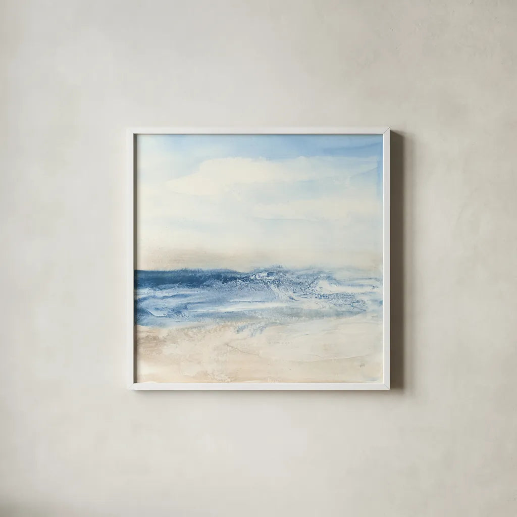 Surf and Sand by Chris Paschke. Shown in a crisp white glass frame for a clean and minimalist style. Available as an archival giclee rolled canvas, fine art paper, or poster print. SKU 46892a.