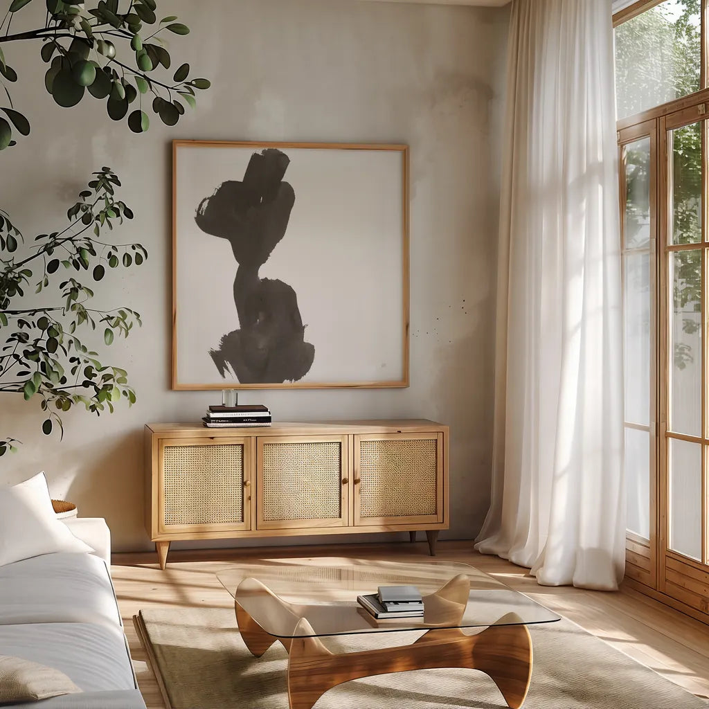 Swash I by Chris Paschke. Shown in a natural wood frame in a cozy modern living room. Available as an archival giclee rolled canvas, fine art paper, or poster print. SKU 66216a.