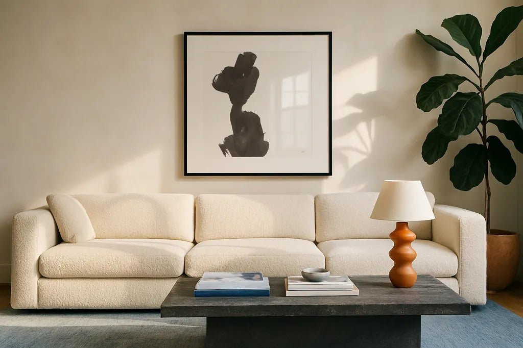 Swash I by Chris Paschke. Displayed in a glass frame with matte in a clean modern living room. Available as an archival giclee rolled canvas, fine art paper, or poster print. SKU 66216a.