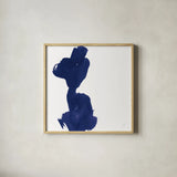 Swash I Indigo by Chris Paschke. Shown in a natural wood glass frame for a timeless modern aesthetic. Available as an archival giclee rolled canvas, fine art paper, or poster print. SKU 68772a.