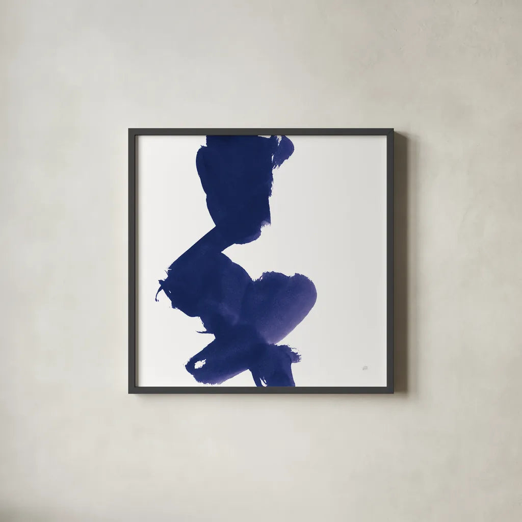 Swash II Indigo by Chris Paschke. Shown in a sleek black glass frame for a contemporary gallery look. Available as an archival giclee rolled canvas, fine art paper, or poster print. SKU 68773a.
