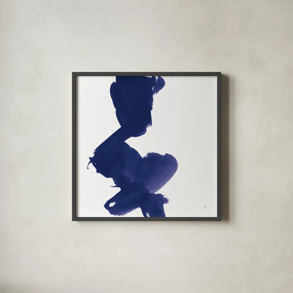 Swash II Indigo by Chris Paschke. Shown in a sleek black glass frame for a contemporary gallery look. Available as an archival giclee rolled canvas, fine art paper, or poster print. SKU 68773a.