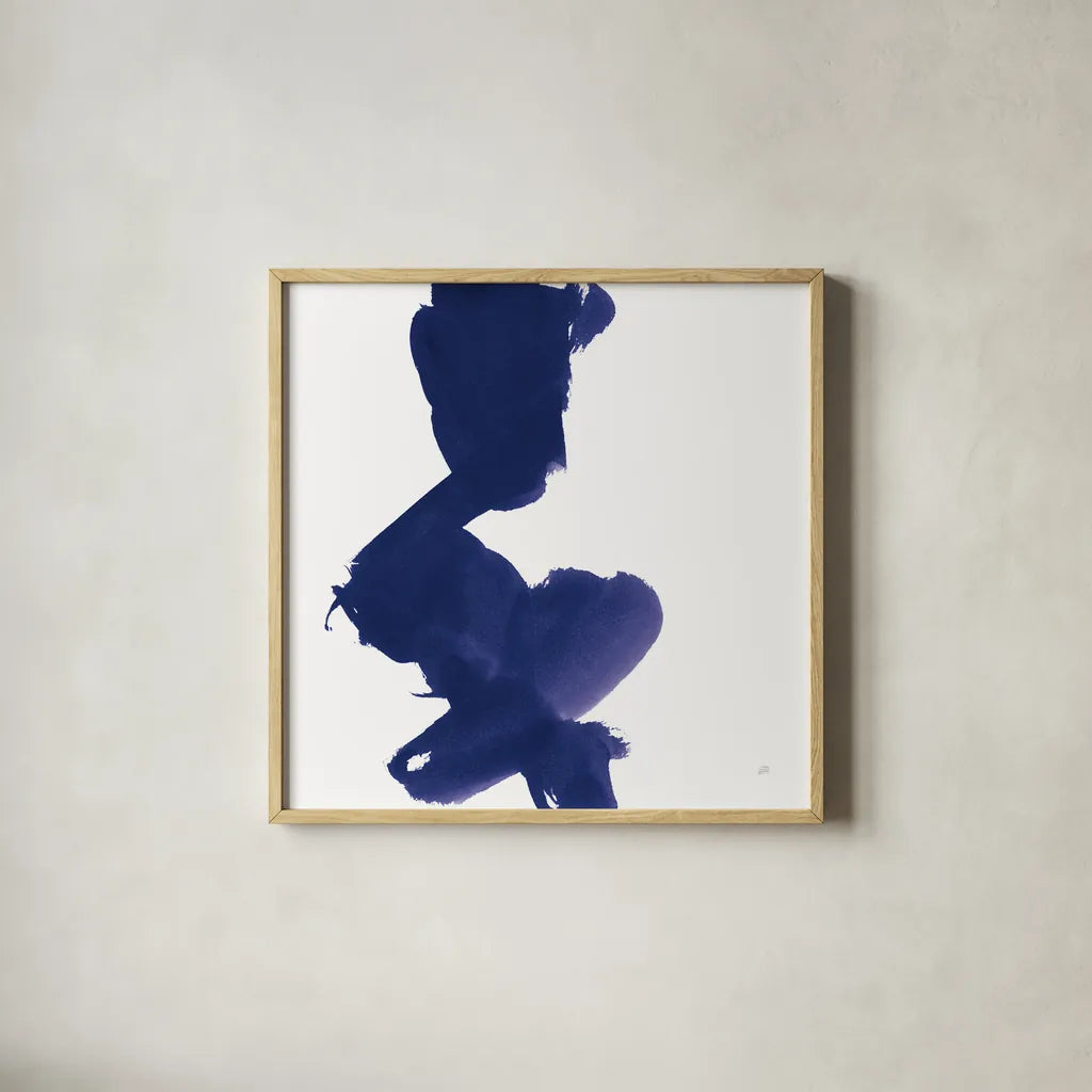 Swash II Indigo by Chris Paschke. Shown in a natural wood glass frame for a timeless modern aesthetic. Available as an archival giclee rolled canvas, fine art paper, or poster print. SKU 68773a.