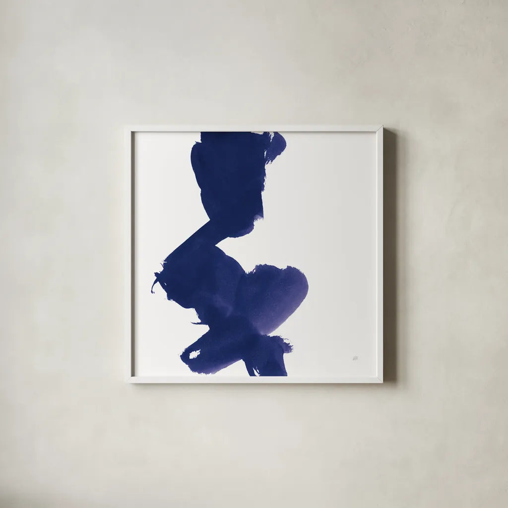 Swash II Indigo by Chris Paschke. Shown in a crisp white glass frame for a clean and minimalist style. Available as an archival giclee rolled canvas, fine art paper, or poster print. SKU 68773a.