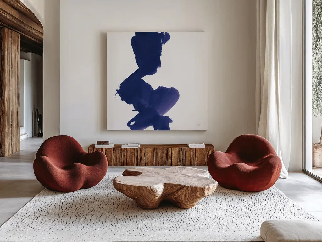 Swash II Indigo by Chris Paschke. Shown as extra-large giant wall art in a modern living room. Available as an archival giclee rolled canvas, fine art paper, or poster print. SKU 68773a.