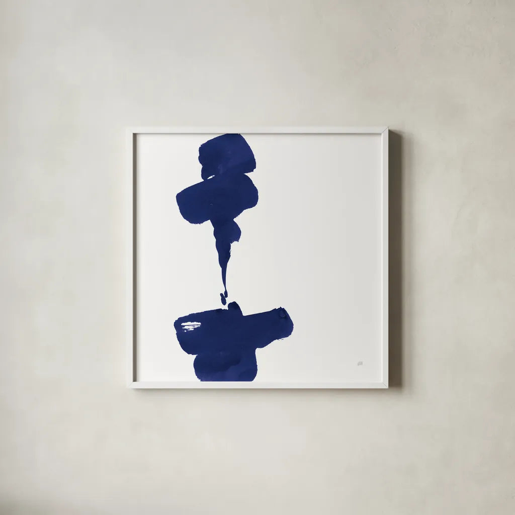 Swash III Indigo by Chris Paschke. Shown in a crisp white glass frame for a clean and minimalist style. Available as an archival giclee rolled canvas, fine art paper, or poster print. SKU 68774a.