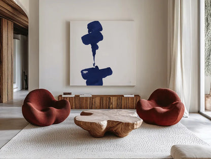 Swash III Indigo by Chris Paschke. Shown as extra-large giant wall art in a modern living room. Available as an archival giclee rolled canvas, fine art paper, or poster print. SKU 68774a.