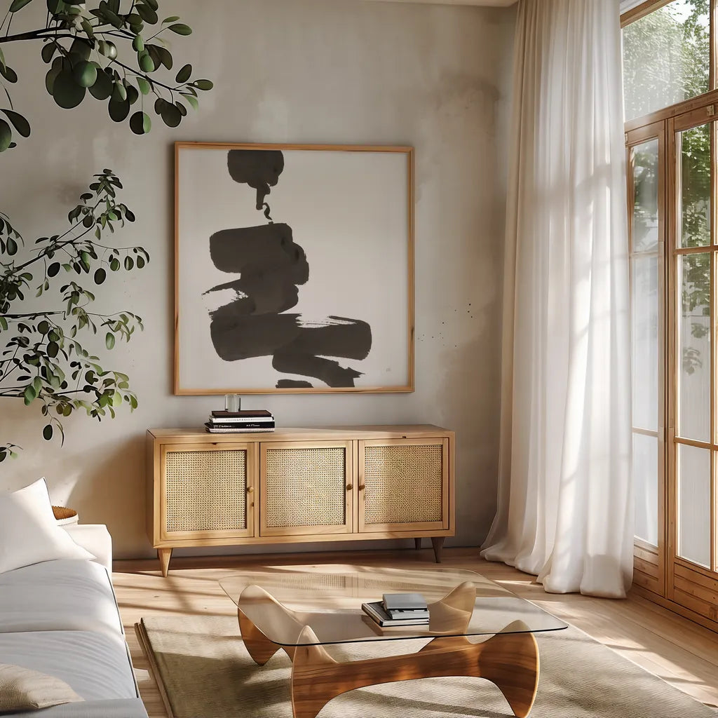 Swash IV by Chris Paschke. Shown in a natural wood frame in a cozy modern living room. Available as an archival giclee rolled canvas, fine art paper, or poster print. SKU 66219a.